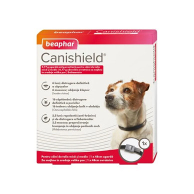 Zgarda Beaphar Canishield – Zgarda Repelentă Antiparazitară pentru Câini, 48 cm, 1 buc.